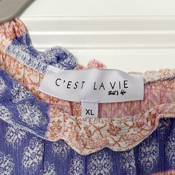 C’est La Vie Boho Stripe Mini Dress Ruffle Crew Neck Blue and Orange XL - Picture 7 of 7